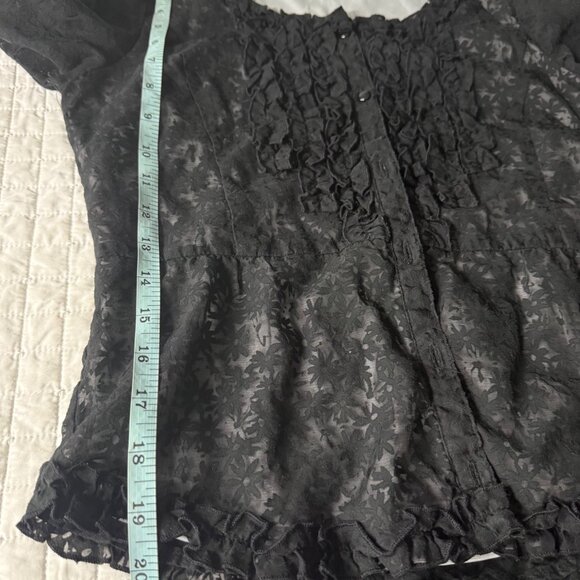 Tribeca Black Sheer Floral Ruffle Button-Up Blouse 3/4 Sleeve Womens S - Picture 10 of 11